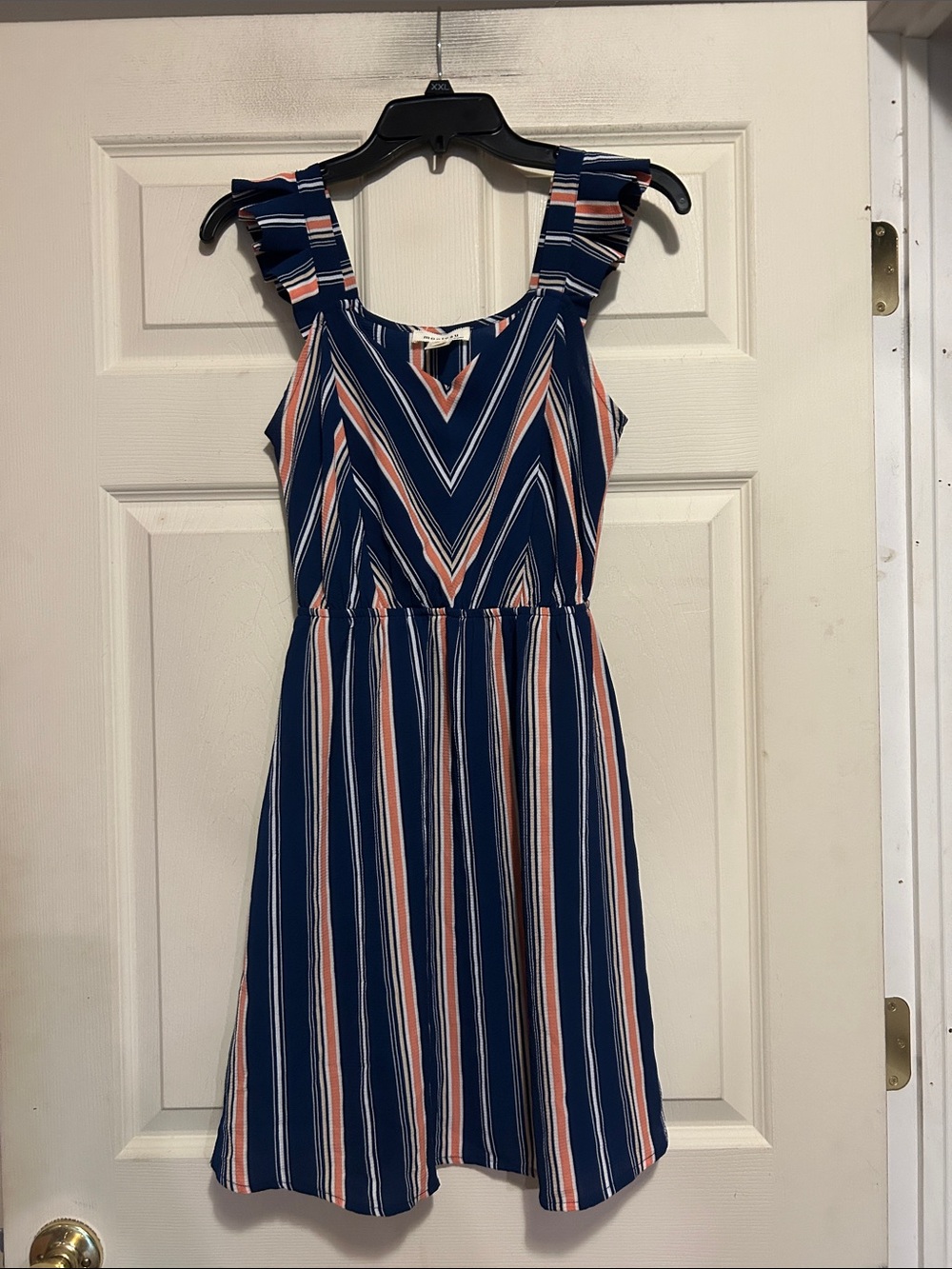 Monteau Navy, Pink & White Striped Ruffle Strap Dress Size Small